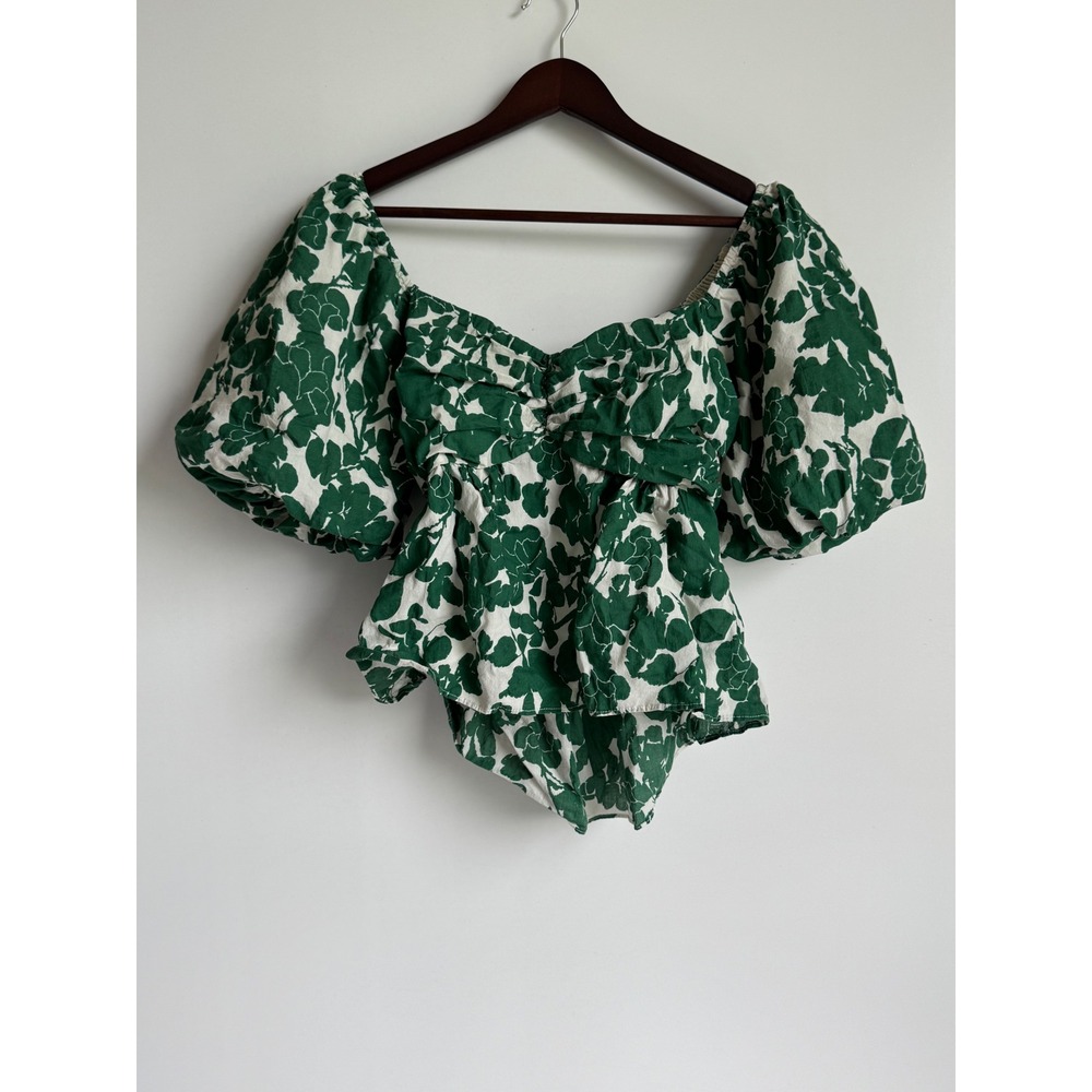 English Factory Tuckernuck Green Floral Puff Sleeve Tie Back Cotton Top Large